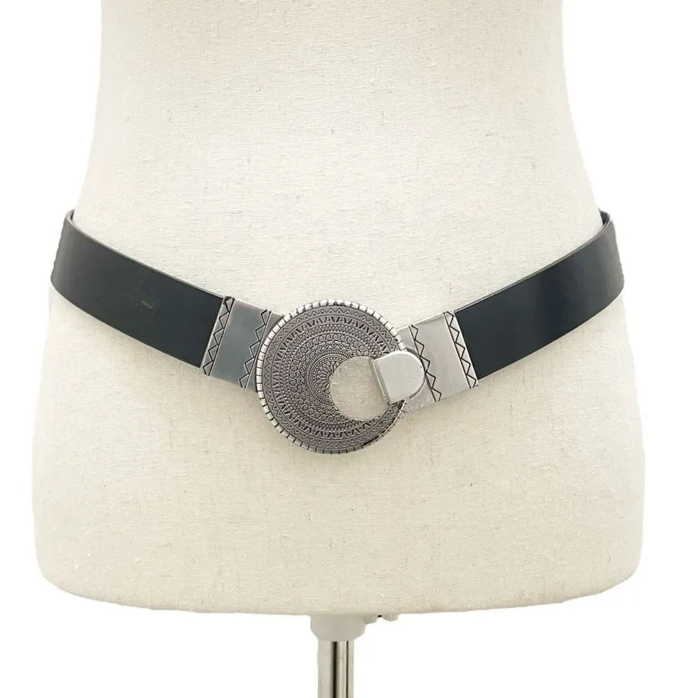 Chico’s Black Genuine Leather Belt SM Silver Round Medallion Buckle Boho Tribal